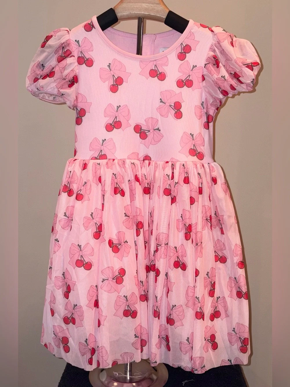 Lola and the Boys Cherry Bows Tulle Dress Pink Girls Size 6T Puff Sleeve
